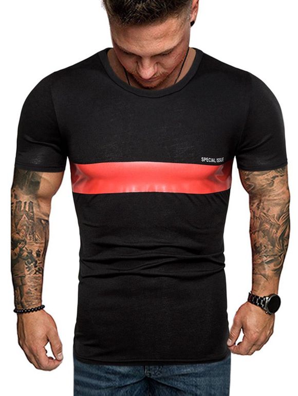 T-shirt Décontracté Rayé Contrasté à Col Rond - Noir XL