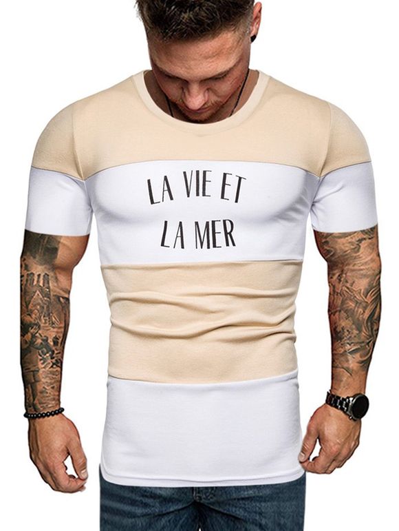 T-shirt Graphique en Couleur Contrastée à Col Rond - Blanc Antique 2XL