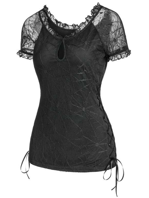 T-shirt Transparent Toile d'Araignée à Lacets avec Trou de Serrure - Noir 2XL
