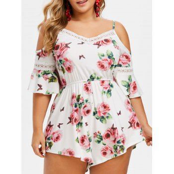 

Plus Size Floral Print Cold Shoulder Crochet Trim Romper, White
