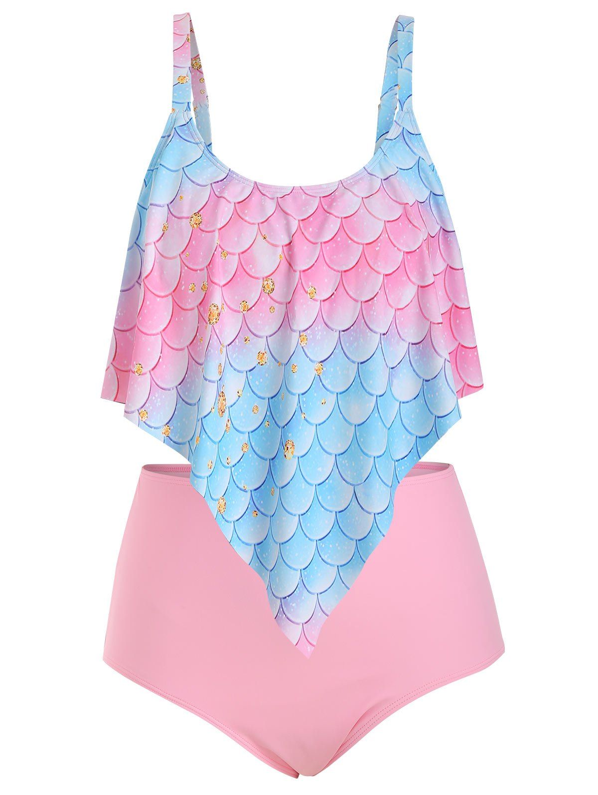 Plus Size Ruffle Fish Scale Print Tankini Swimsuit - multicolor B 5X