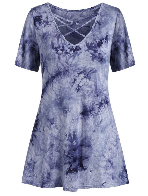 Criss Cross Tie Dye Tunique T-shirt - Bleu 2XL