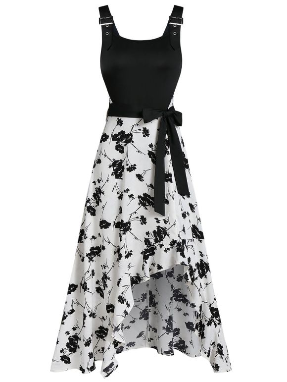 Robe Zippée Fleurie Imprimée à Taille Haute - Noir XL