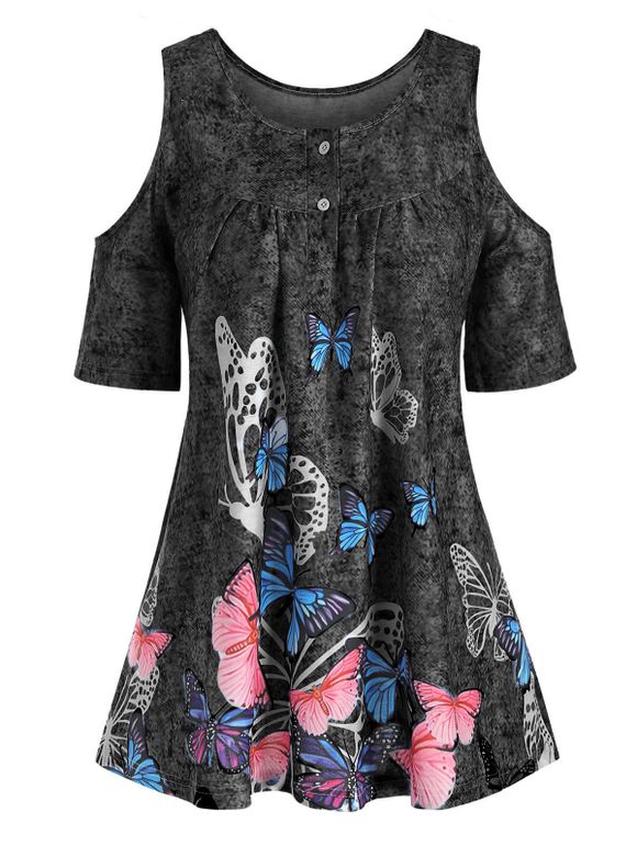 Butterfly Denim Print Cold Shoulder Longline T-shirt - GRAY S