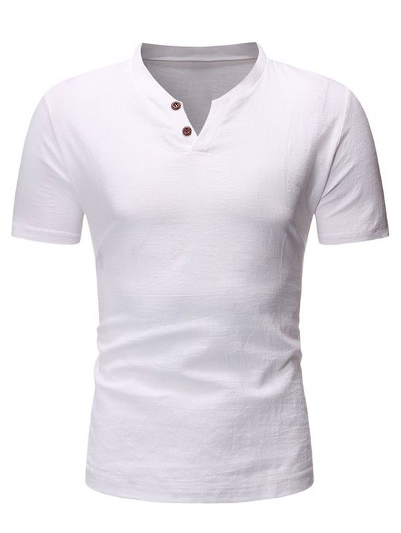 T-shirt en Couleur Unie à Manches Courtes avec Bouton - Blanc S