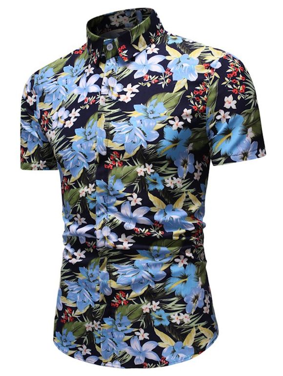 Chemise Hawaïenne Fleurie Feuillle Imprimée à Manches Courtes - Bleu clair XL