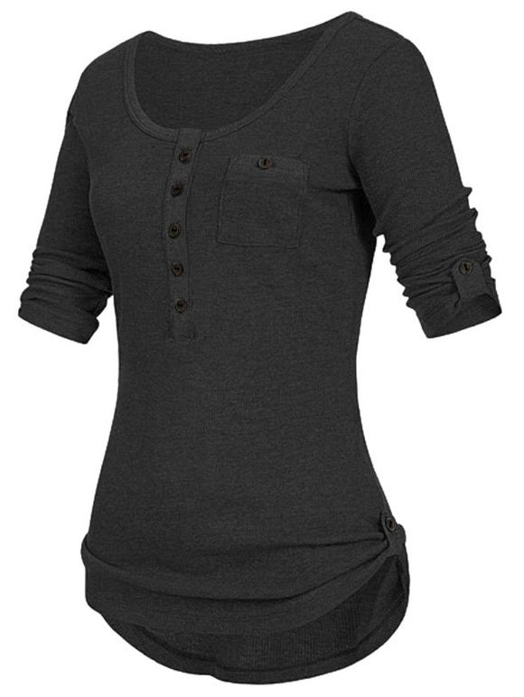 T-shirt avec Boutons de Grande Taille à Manches Roulées - Noir 5X