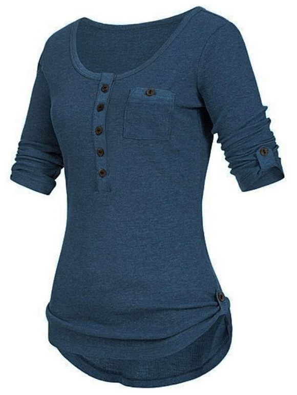 T-shirt avec Boutons de Grande Taille à Manches Roulées - Paon Bleu 3X