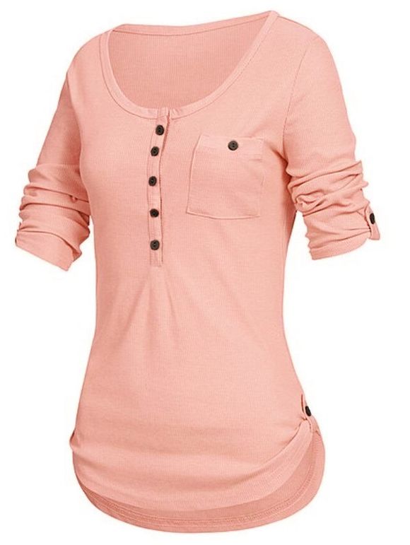 T-shirt avec Boutons de Grande Taille à Manches Roulées - Orange Rose 2X