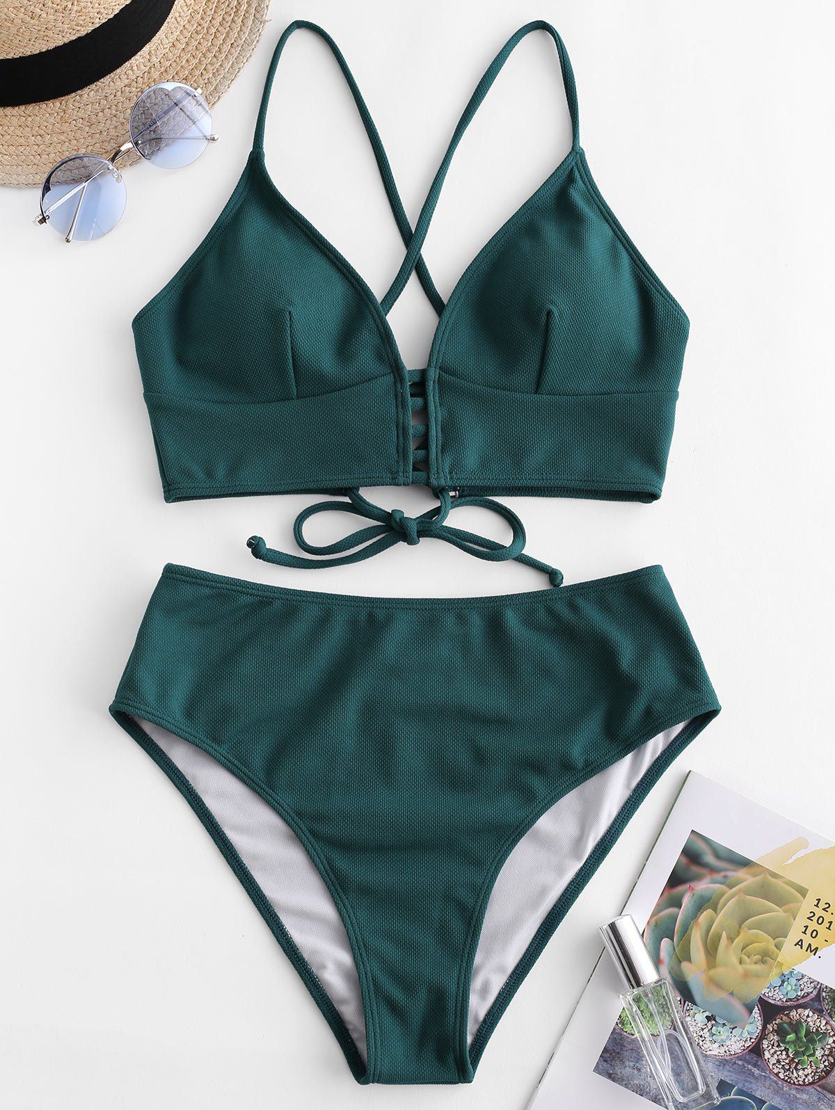 Textured Lace-up High Waisted Tankini Swimsuit - DARK GREEN XL