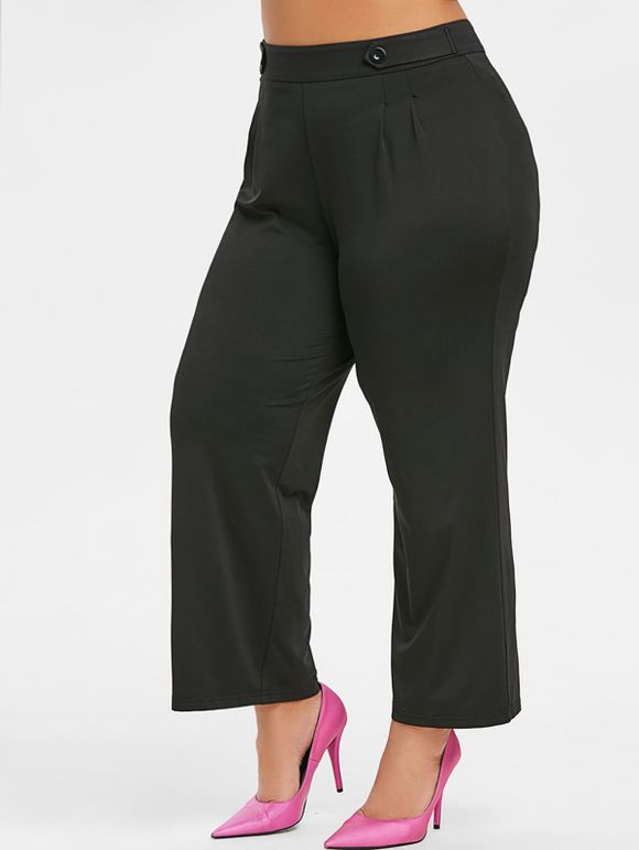 Pantalon à Taille Elastique en Couleur Unie de Grande Taille avec Bouton - Noir 5X