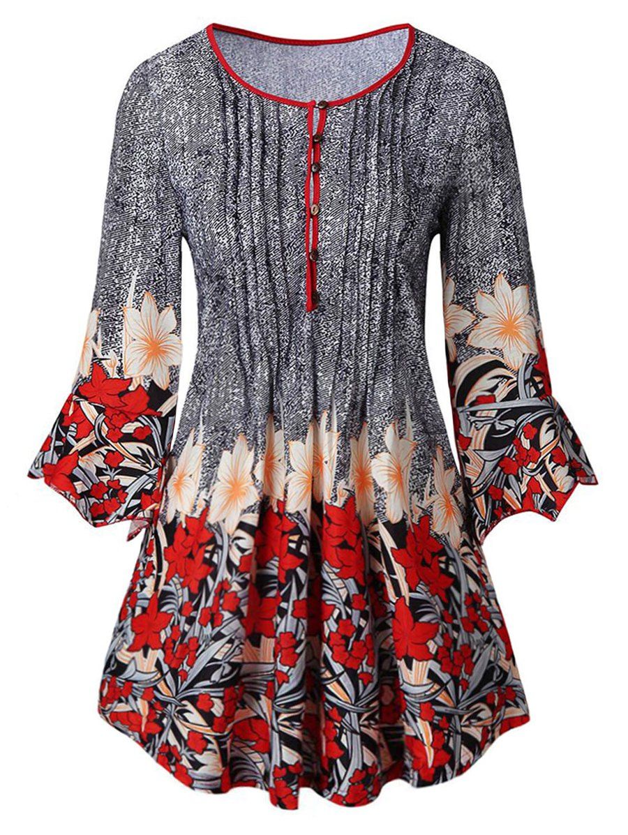 

Plus Size Flare Sleeve Floral Print T-shirt, Gray