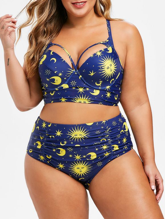 Maillot de bain bikini taille plus à armatures Sun Star Moon - Bleu Foncé Toile de Jean L