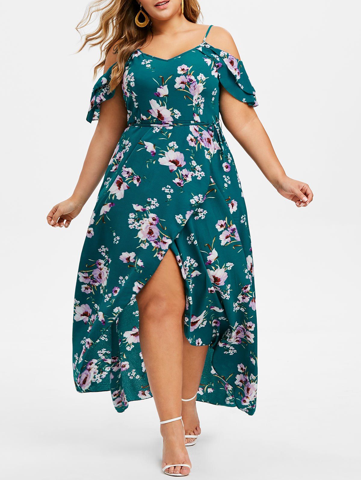 [36% OFF] 2020 Plus Size Cold Shoulder Floral Maxi Flowing Dress In SEA ...