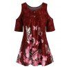 T-shirt Long à Imprimé Papillon à Epaule Dénudée en Denim - Rouge Vineux 3XL