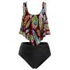 Maillot de Bain Tankini Plissé Plume Imprimée à Coupe Haute de Grande Taille - multicolor C L