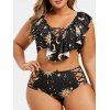 Ensemble de Tankini Planète Etole et Lune Imprimés de Grande Taille à Volants - Noir 2X