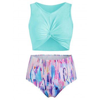 Feather Print Twist Front Padded Tankini Swimsuit