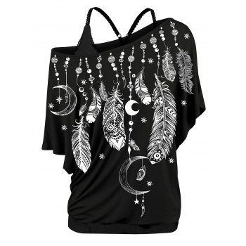 

Plus Size Skew Neck Feather Print T-shirt and Cami Top Twinset, Black