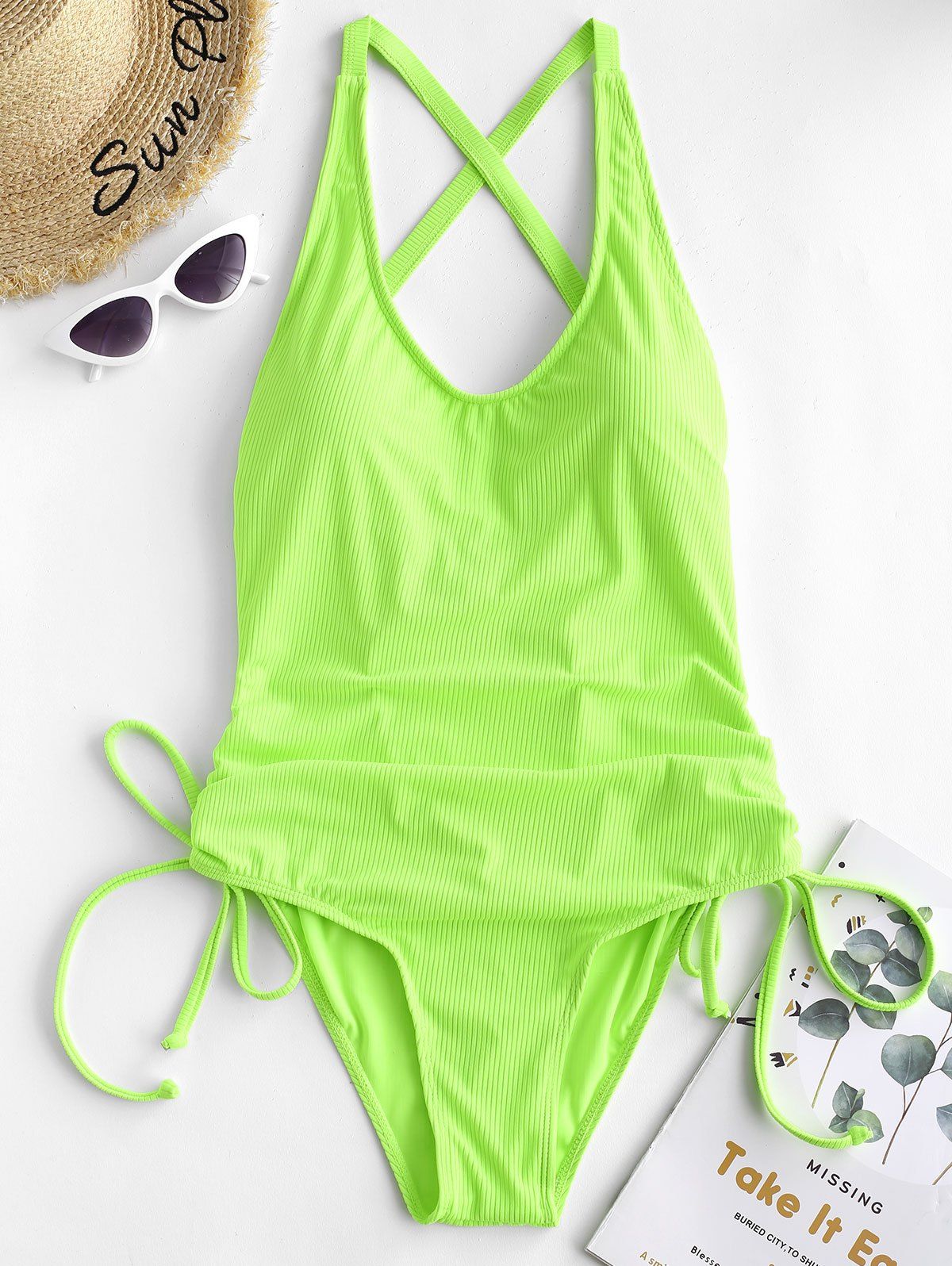 

Ribbed Criss Cross Cinched Swimwear, Green yellow