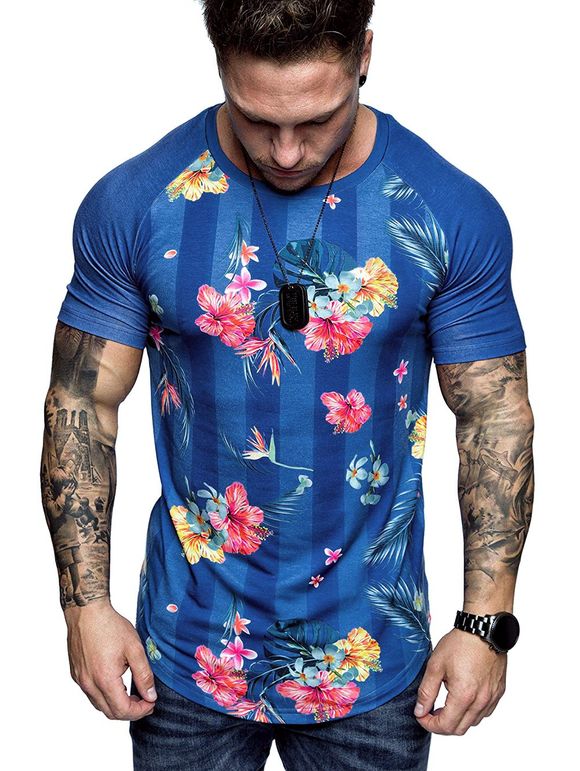 T-shirt Fleur Tropicale Imprimée Ourlet Courbe à Manches Raglan - Bleu Ciel M