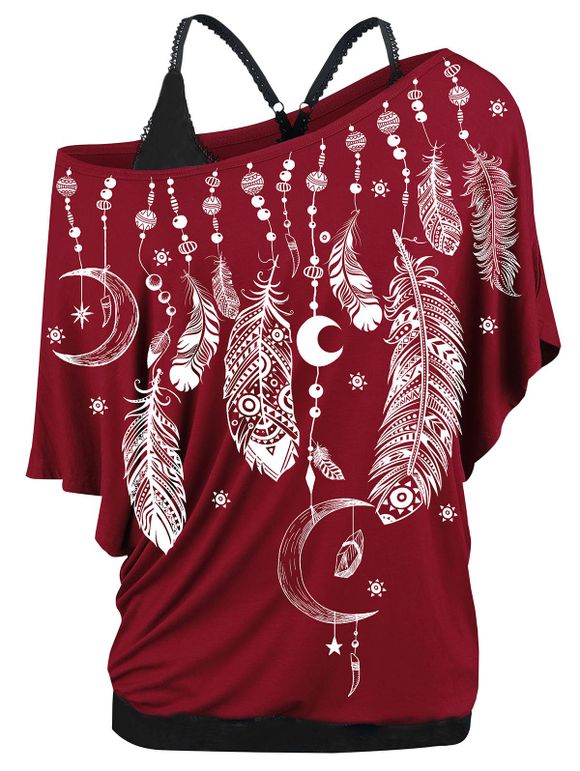 Ensemble de T-shirt Plume Imprimée de Grande Taille à Col Oblique et de Débardeur Deux Pièces - Rouge Vineux 2X