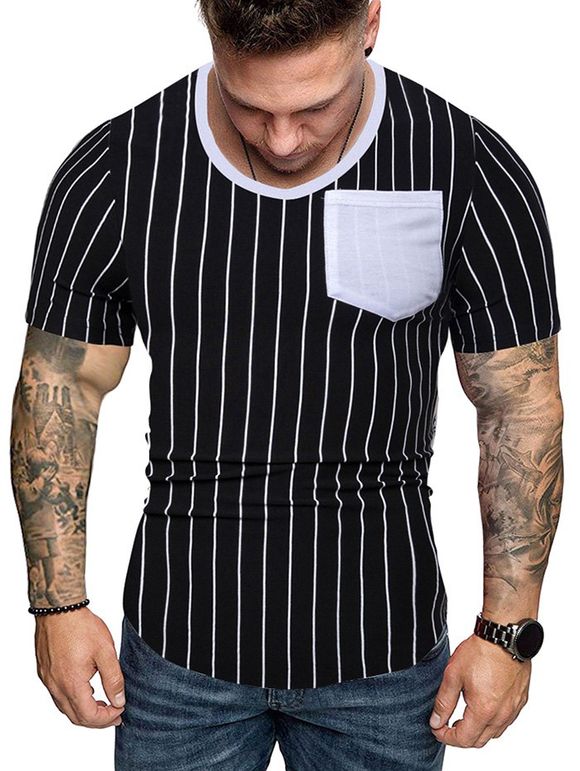 T-shirt à Rayure Verticale Imprimé en Blocs de Couleurs avec Poche Poitrine - Noir XL