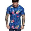 T-shirt Fleur Tropicale Imprimée Ourlet Courbe à Manches Raglan - Bleu Ciel 3XL