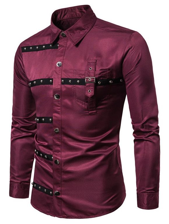 Chemise de Soirée Gothique Rivet Design à Manches Longues - Rouge Vineux M