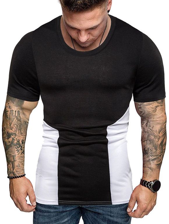 T-shirt Jointif en Blocs de Couleurs à Manches Courtes - Noir XL