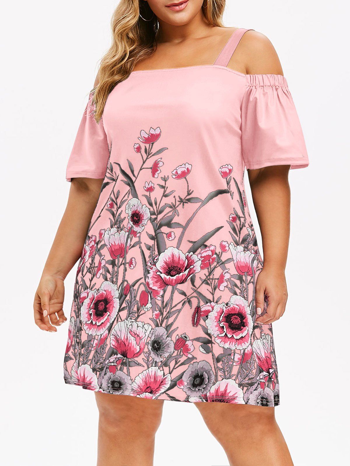 

Plus Size Open Shoulder Floral Dress, Pig pink