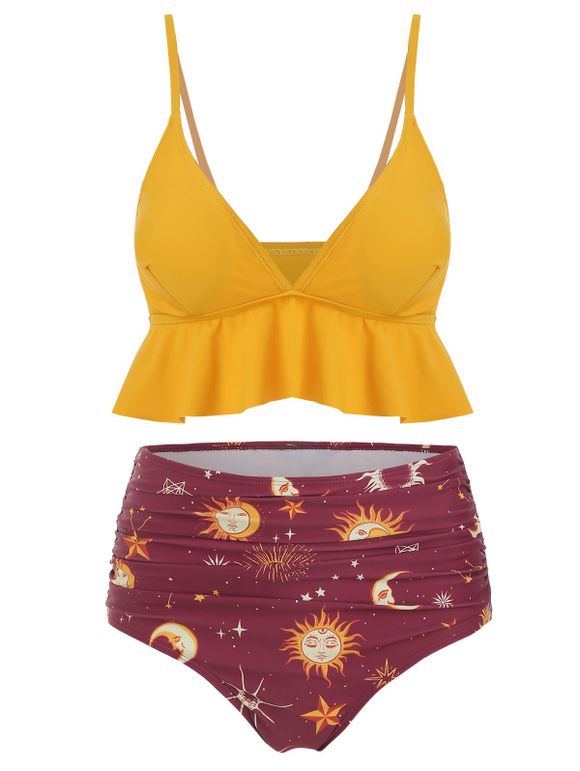 Flounce Ruched Sun Star Moon Tankini Swimsuit - multicolor L