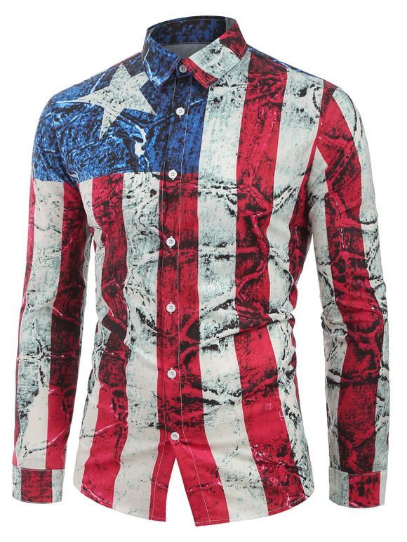 Chemise Boutonnée Déchirée Drapeau Américain Imprimé à Manches Longues - multicolor S