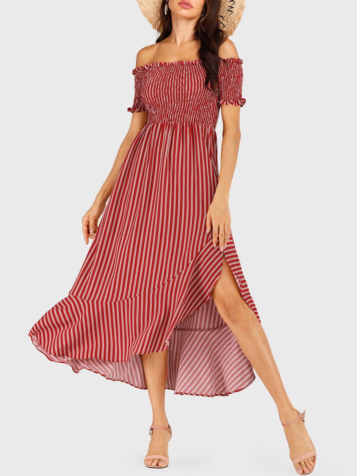 [41% OFF] 2021 Shirred Bodice Flounce Striped Off The Shoulder Dress In ...