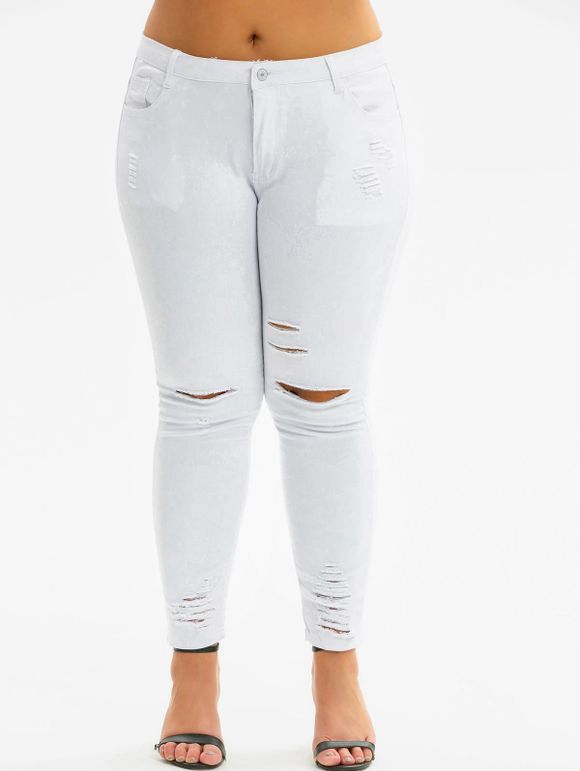 Jeans skinny déchirés à grande taille avec poche - Blanc 3X