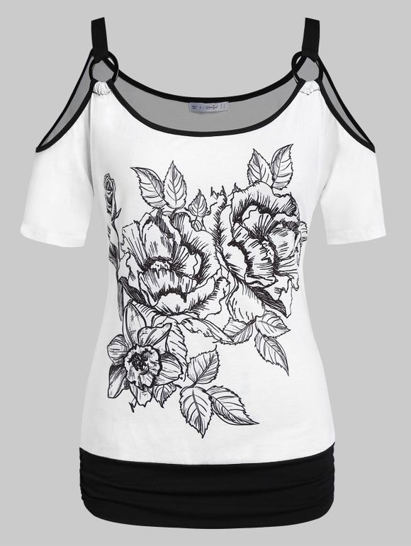 T-shirt Fleuri Imprimé à Epaule Ouverte de Grande Taille à Ourlet Contrasté - Blanc 5X