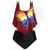 Maillot de Bain Tankini Graphique Papillon de Grande Taille à Volants - Rouge Vineux M