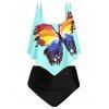 Maillot de Bain Tankini Graphique Papillon de Grande Taille à Volants - Bleu Tron L