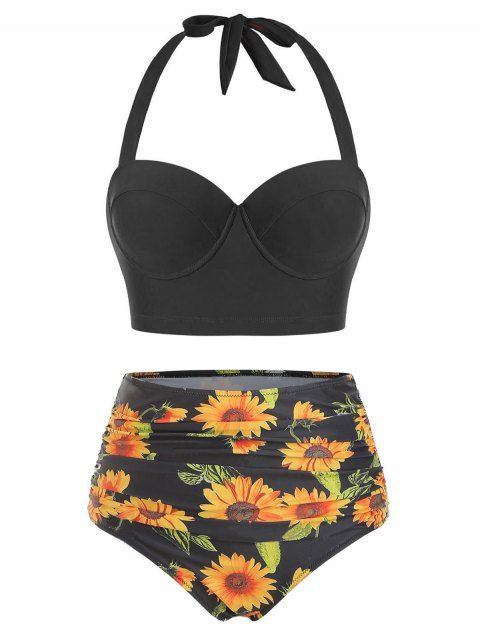 Tummy Control Bikini Swimsuit Sunflower Print Swimwear Ruched Halter Underwire Push Up Summer Beach Bathing Suit