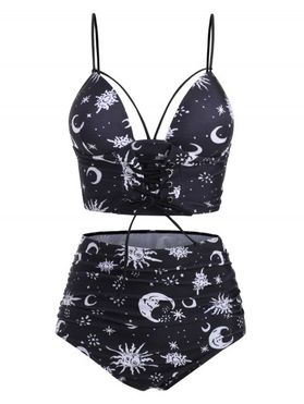 Tummy Control Tankini Swimwear Vintage Swimsuit Sun Moon Print Lace Up Cut Out Summer Beach Bathing Suit