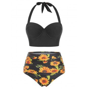[54% OFF] 2022 Tummy Control Bikini Swimsuit Sunflower Print Swimwear ...