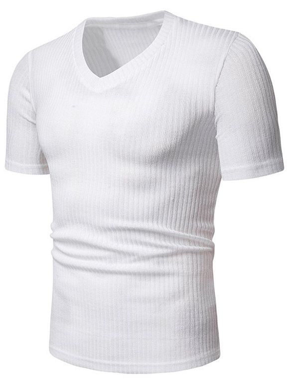 T-shirt Décontracté en Couleur Unie Manches Courtes à Col V - Blanc XL