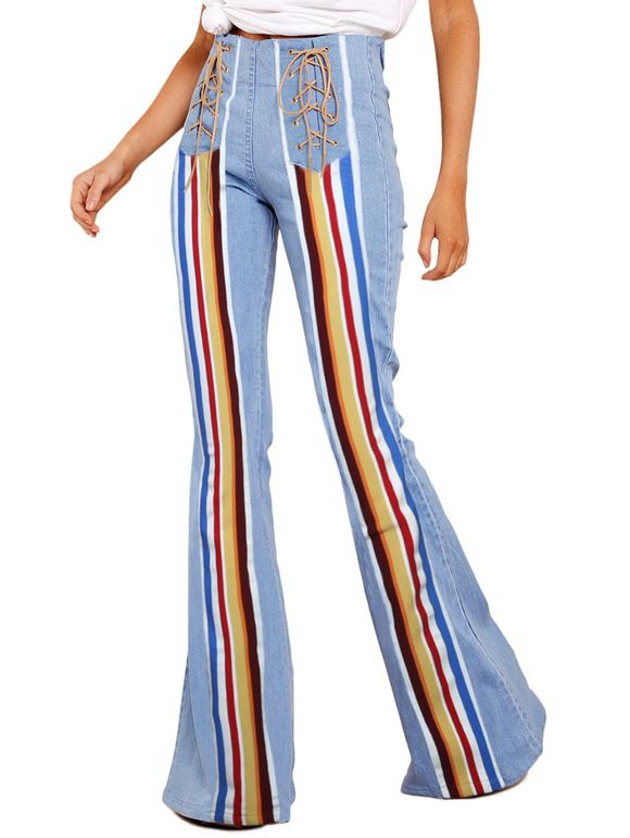 Jeans évasés à poche à lacets et empiècements en dentelle - Bleu Toile de Jean S