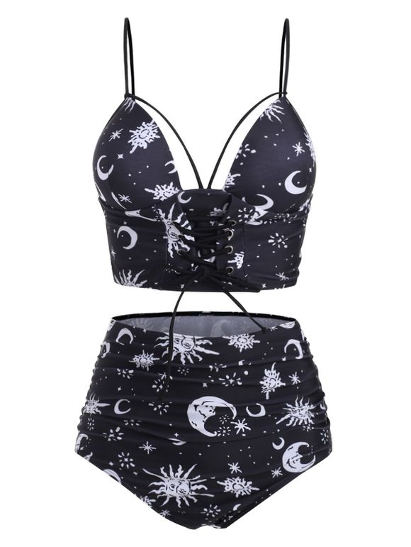 Tummy Control Tankini Swimwear Vintage Swimsuit Sun Moon Print Lace Up Cut Out Summer Beach Bathing Suit - WHITE 3XL