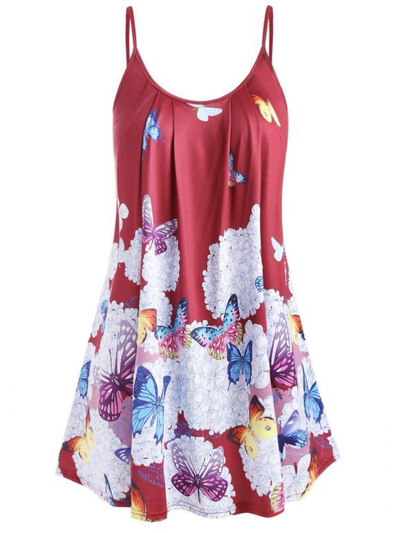 Débardeur Papillon Imprimé à Bretelle de Grande Taille - Rouge Vineux 4X