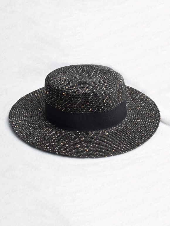 Chapeau de Soleil Rond Bretelle Design en Paille - Noir 