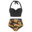 Maillot de Bain Bikini Contrôle du Ventre à Imprimé Tournesol à Volants à Col Halter - Noir M