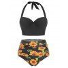 Tummy Control Bikini Swimsuit Sunflower Print Swimwear Ruched Halter Underwire Push Up Summer Beach Bathing Suit - RED 3XL