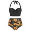 Maillot de Bain Bikini Contrôle du Ventre à Imprimé Tournesol à Volants à Col Halter - Noir 3XL