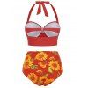 Maillot de Bain Bikini Contrôle du Ventre à Imprimé Tournesol à Volants à Col Halter - Rouge S